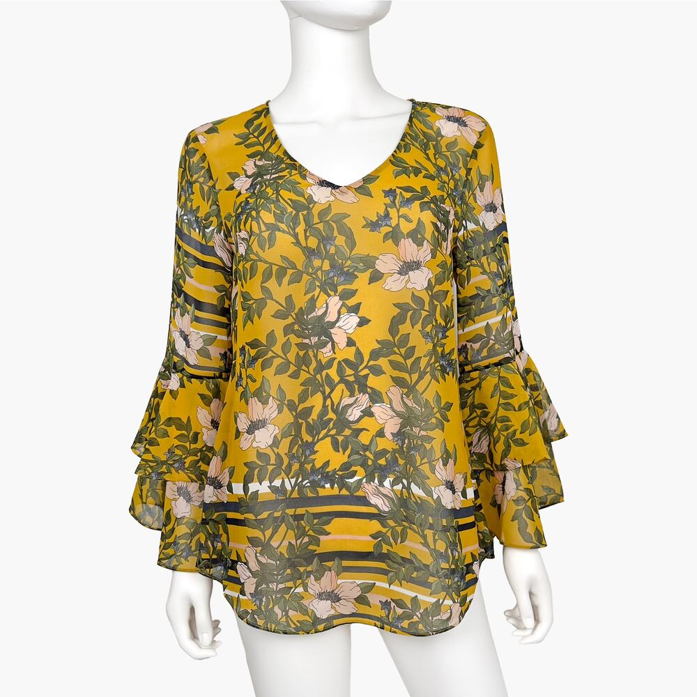 CABI "Scene" Sheer Chiffon Ruffle Bell Sleeve Floral Blouse (Yellow | Size S)